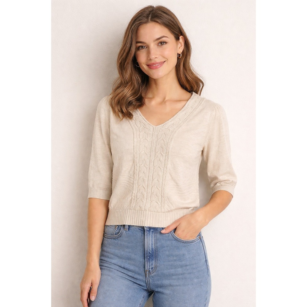 MOTH Anthropologie Cream Knit Half Sleeve‎ Cropped Neutral Sweater Size Small